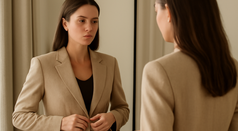 femme essayant un blazer devant miroir