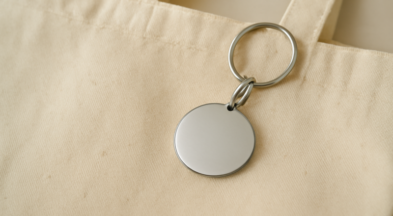 porte-clés minimaliste accroché à un sac en toile