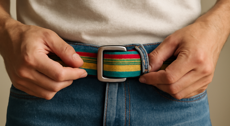 main bouclant une ceinture colorée sur taille