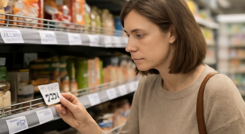 personne consultant des étiquettes de prix en magasin