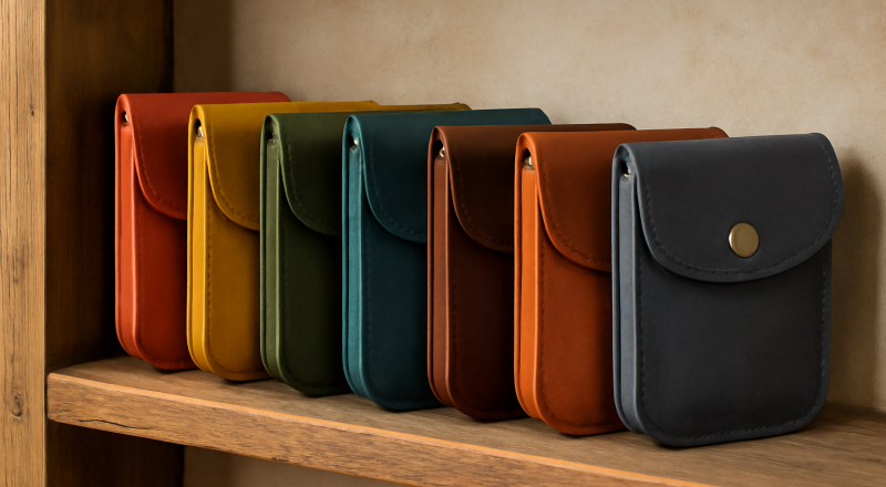 pochettes colorées alignées sur étagère artisanale