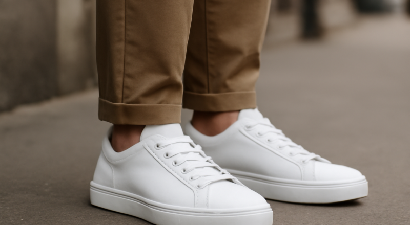 personne portant baskets blanches avec pantalon chino