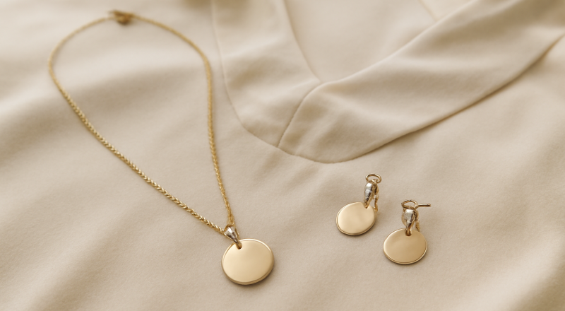 collier et boucles d'oreilles posés près d'une robe