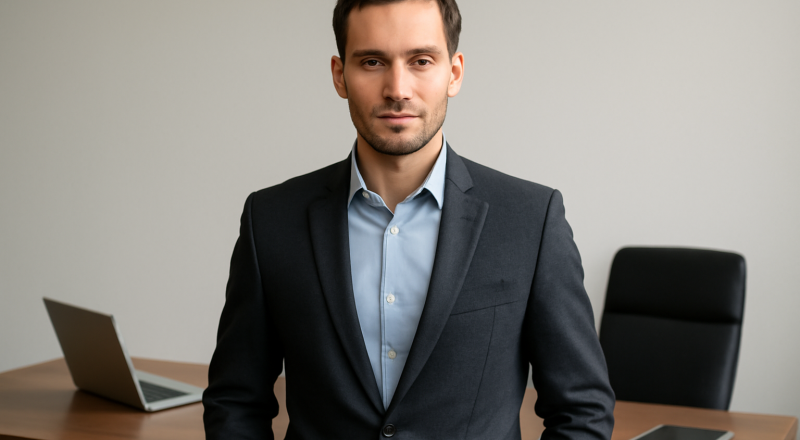 homme portant blazer sobre devant bureau