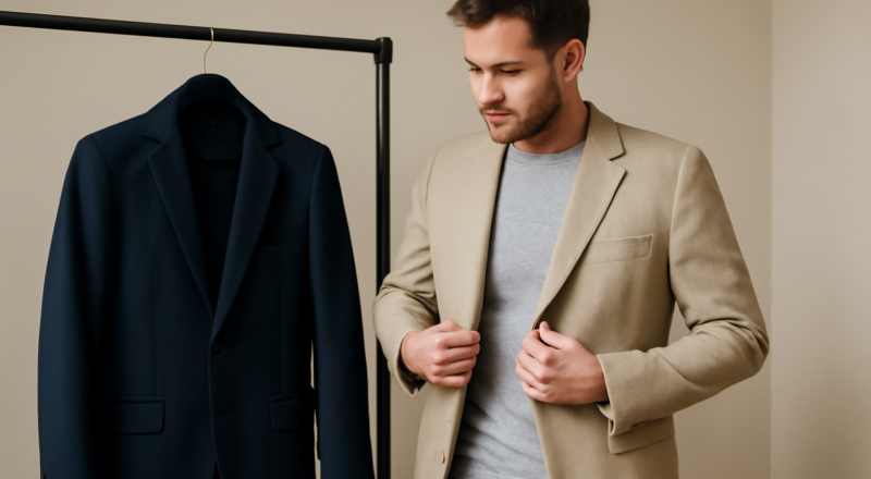 homme essayant deux blazers sur un portant