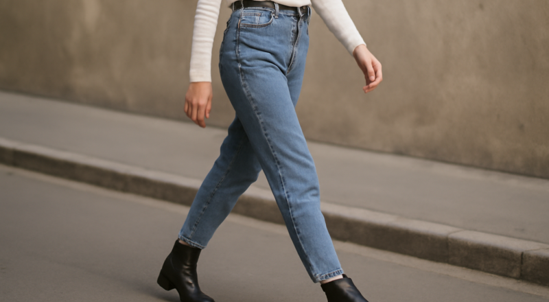 femme marchant en bottines et jean mom
