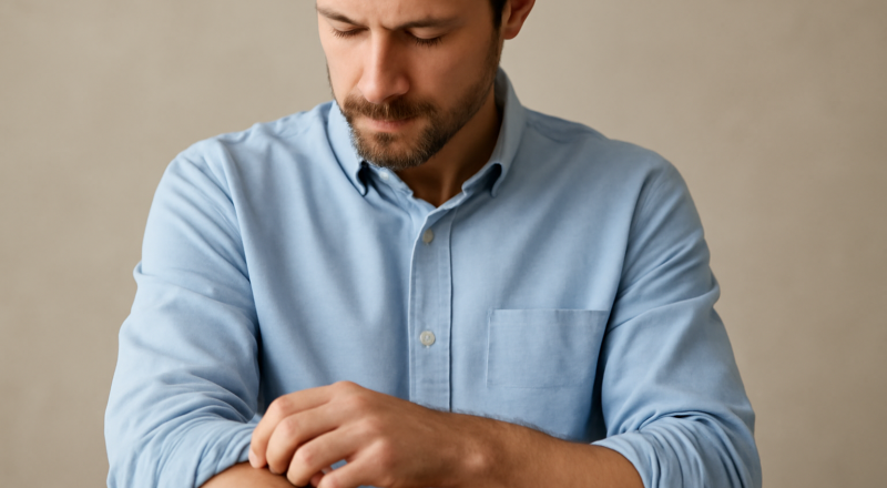 homme retroussant les manches d'une chemise en coton