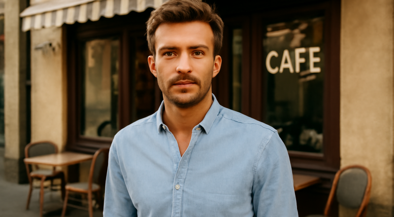 homme en chemise devant café extérieur