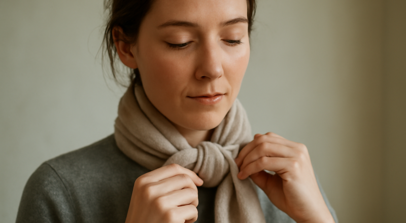 femme nouant un foulard autour du cou