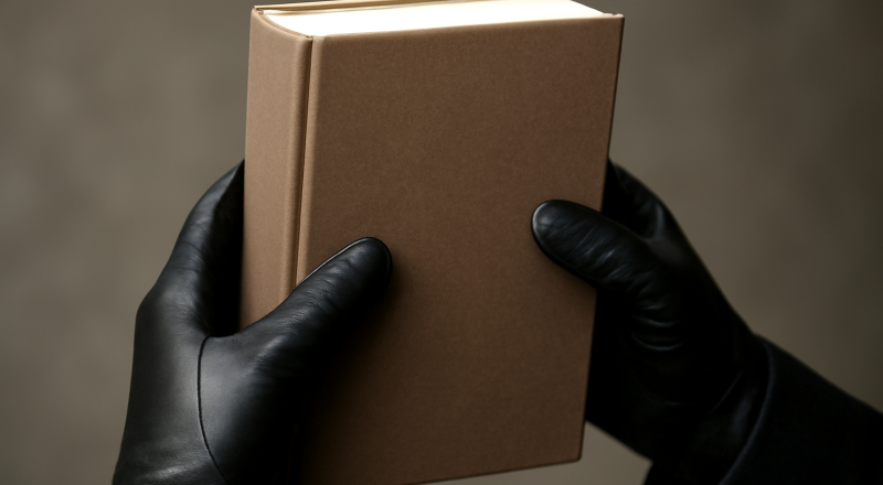 mains gantées tenant un livre