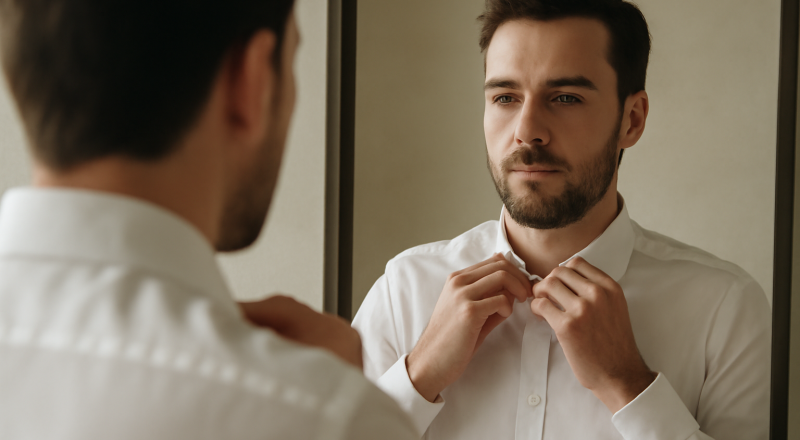 homme ajustant son col de chemise devant miroir