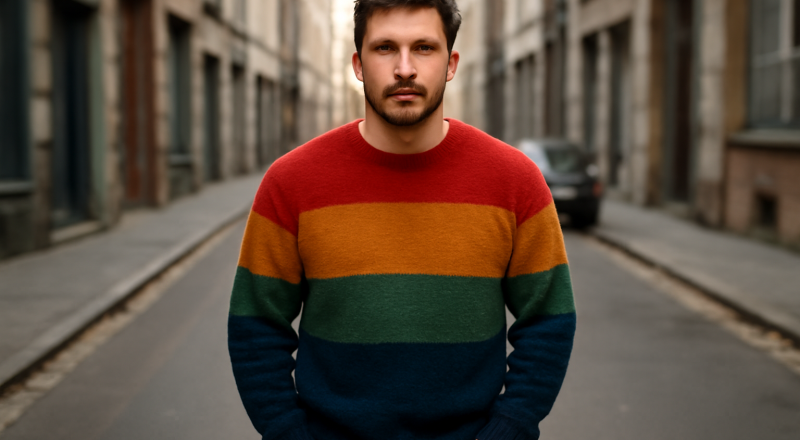homme portant pull coloré dans rue urbaine