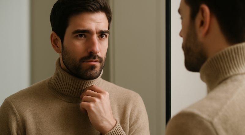 homme posant pull col montant devant miroir