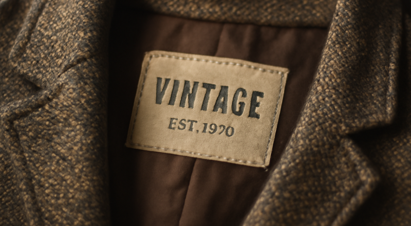 étiquette vintage sur veste chinée en friperie