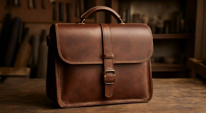 sac artisanal posé sur une table d'atelier