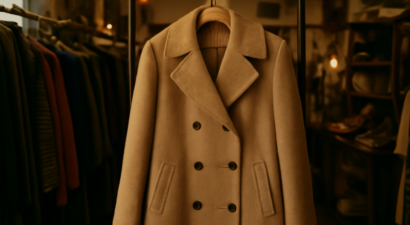manteau exposé sur cintre dans boutique vintage