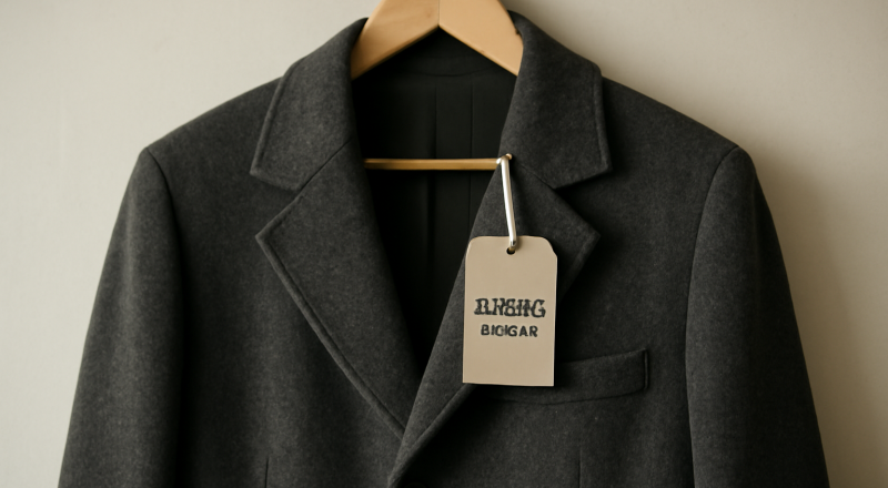 manteau suspendu avec étiquette d'occasion attachée