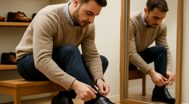 homme essayant des derbies devant un miroir