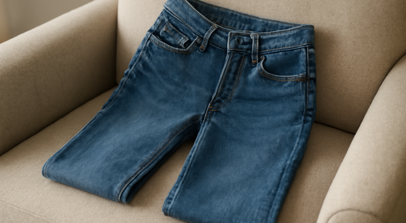 jeans posés sur un fauteuil en tissu neutre