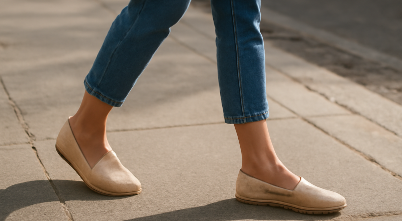 femme marchant en espadrilles sur trottoir