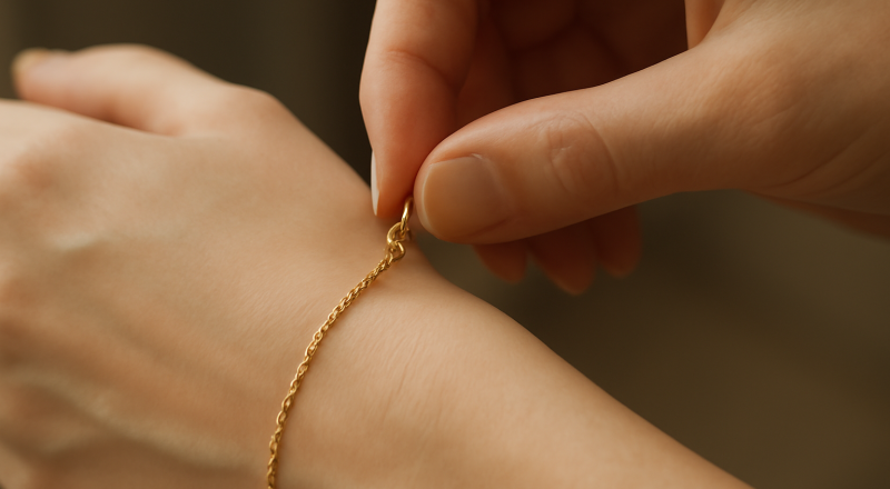 mains fermant un bracelet avec un petit fermoir