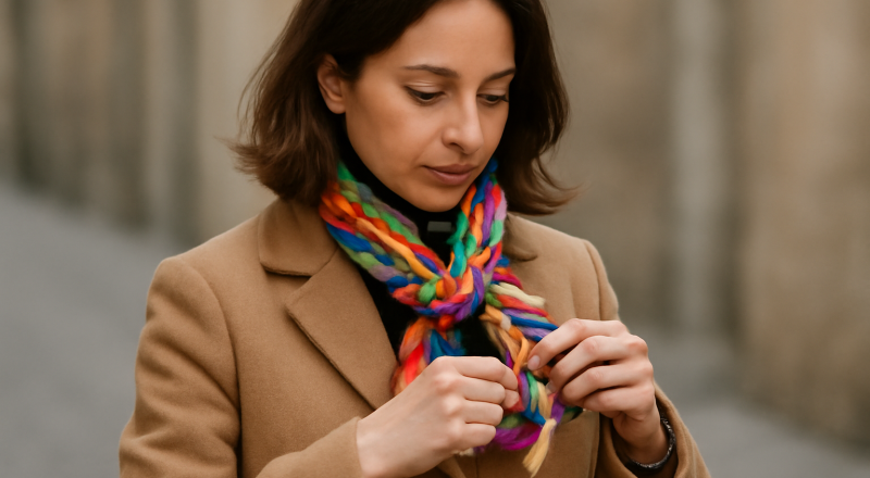 femme nouant foulard coloré sur manteau court