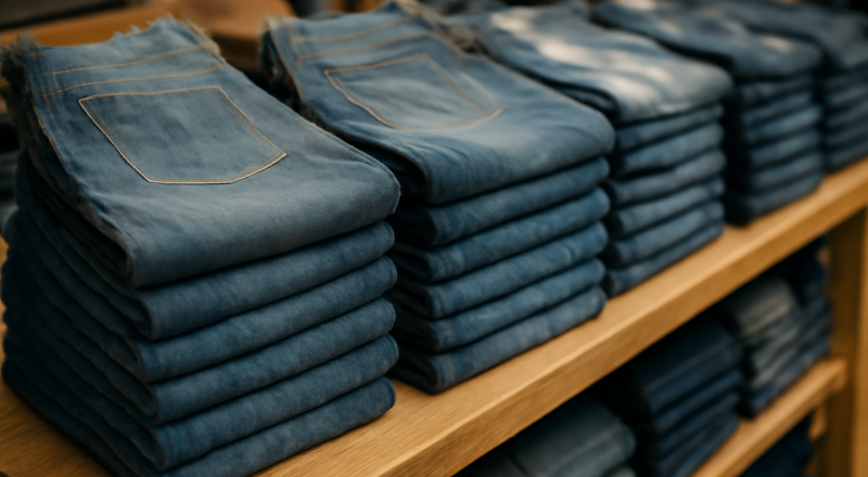 pile de jeans pliés dans un magasin