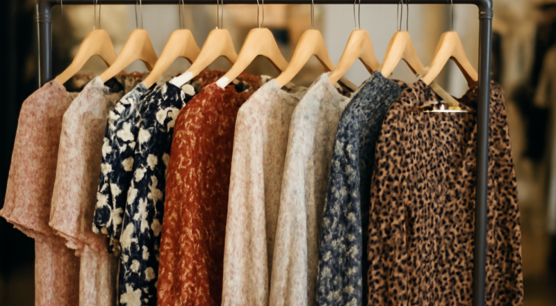 tops imprimés accrochés sur un portant boutique