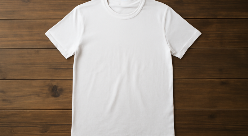 t-shirt basique posé sur table en bois
