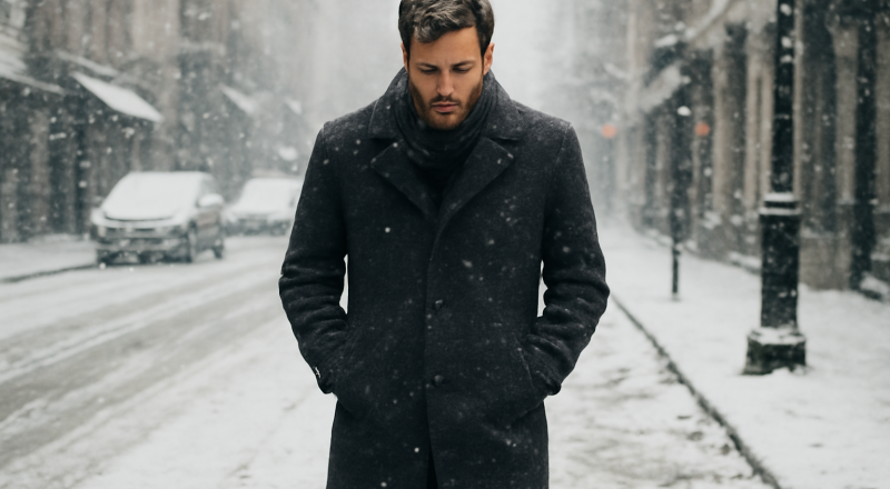 homme en manteau marchant dans rue enneigée