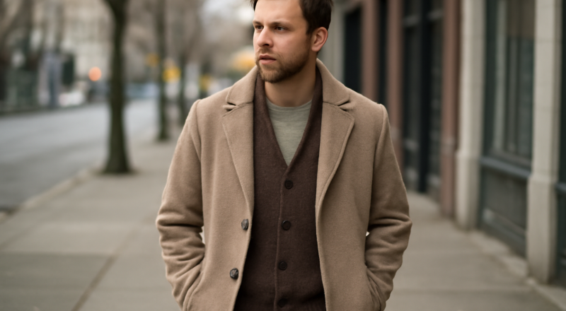 homme en cardigan et manteau mi-saison sur trottoir