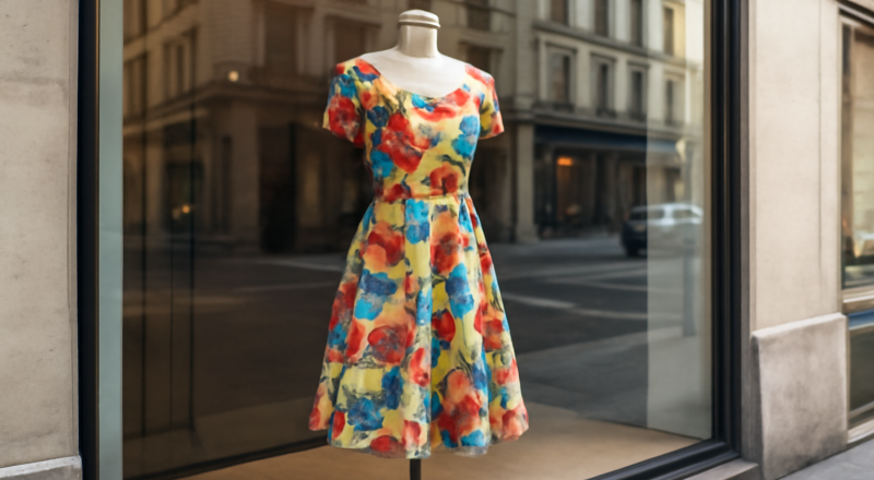 vitrine montrant robe imprimée colorée en ville