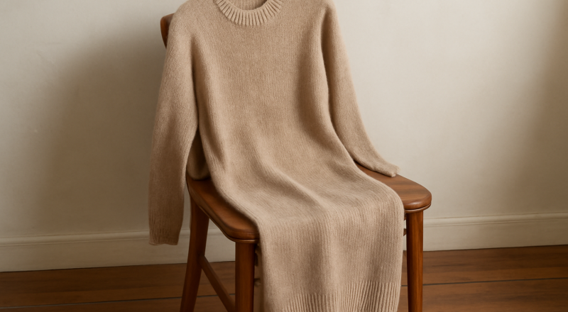 robe en maille posée sur chaise en bois