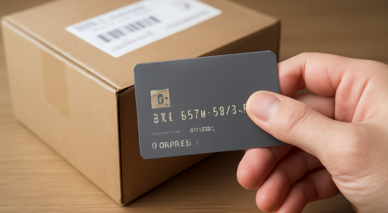 main tenant une carte bancaire près d'un colis