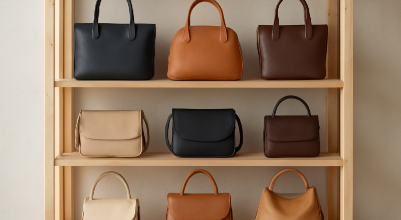 sacs disposés sur une étagère en boutique conceptuelle