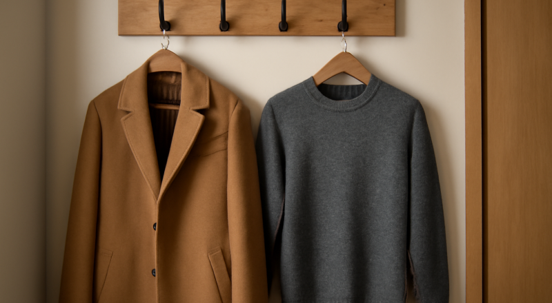 vestiaire homme avec manteau et pull suspendus