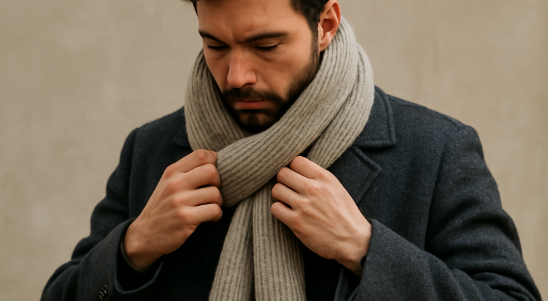 homme en manteau nouant une grosse écharpe