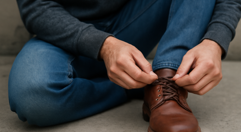 personne ajustant lacets chaussures en s'asseyant