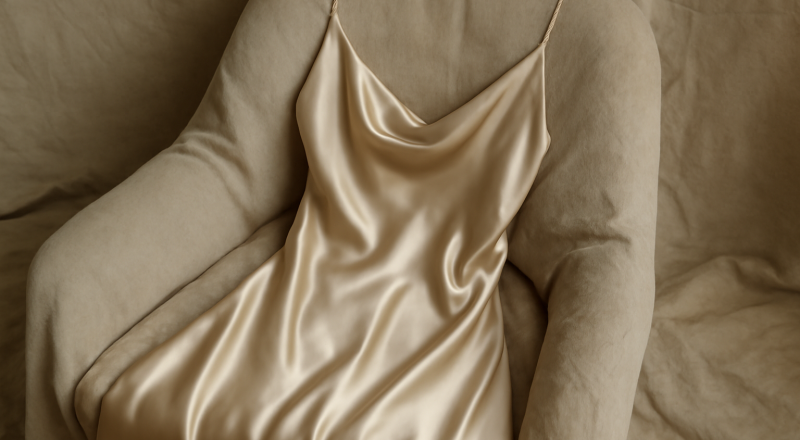 robe satinée posée sur chaise en tissu froissé