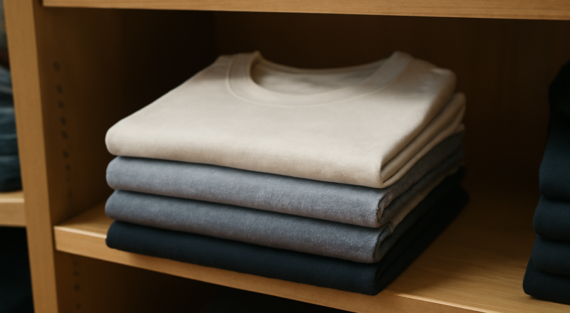 t-shirt basique plie sur etagere boutique