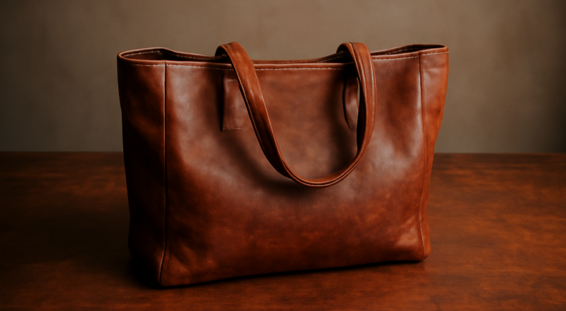 sac souple posé sur table en cuir patiné