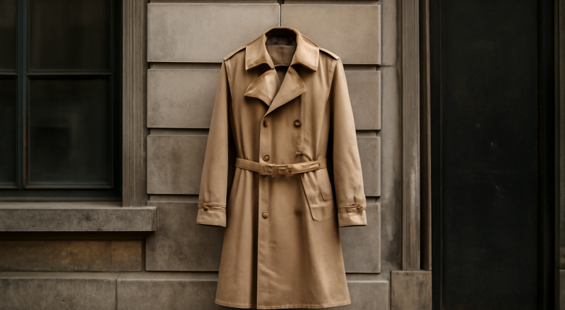 manteau trench suspendu devant facade urbaine