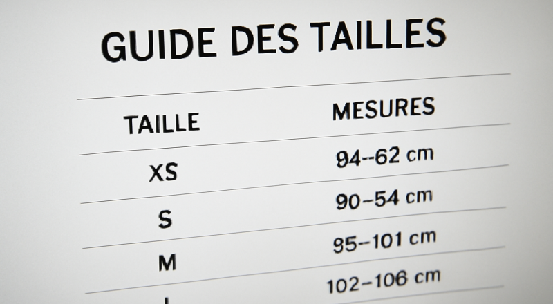 écran affichant guide tailles et mesures