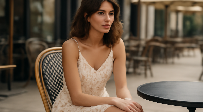 femme assise à une terrasse en robe légère