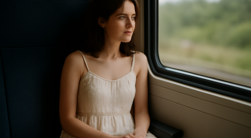 femme assise en robe légère dans un train