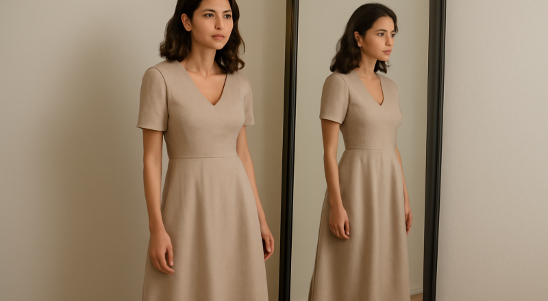 femme debout en robe midi devant miroir