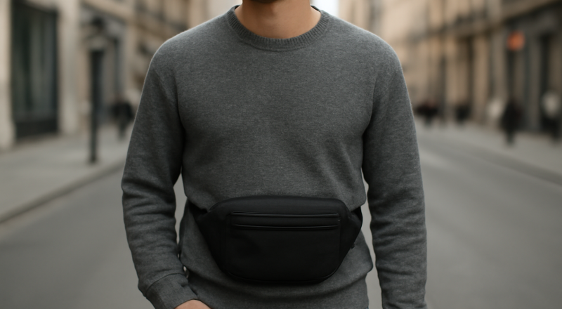 personne portant un sac ceinture en ville