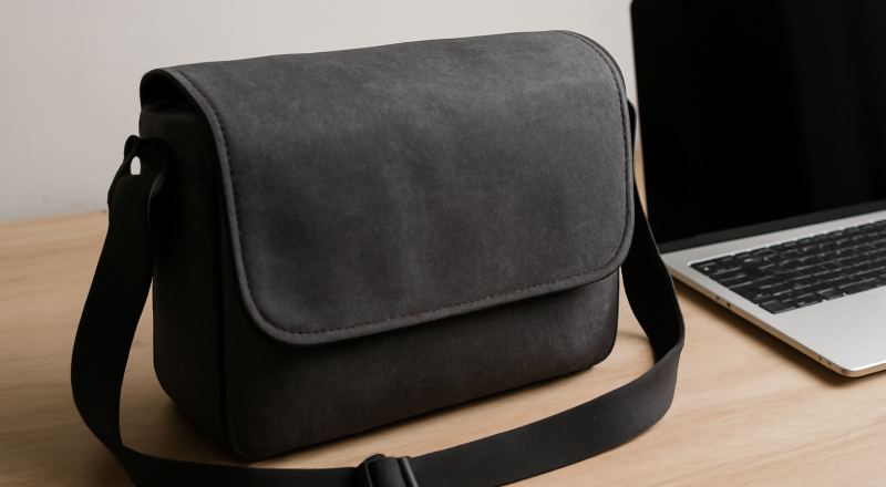 sac bandoulière posé près d'un ordinateur