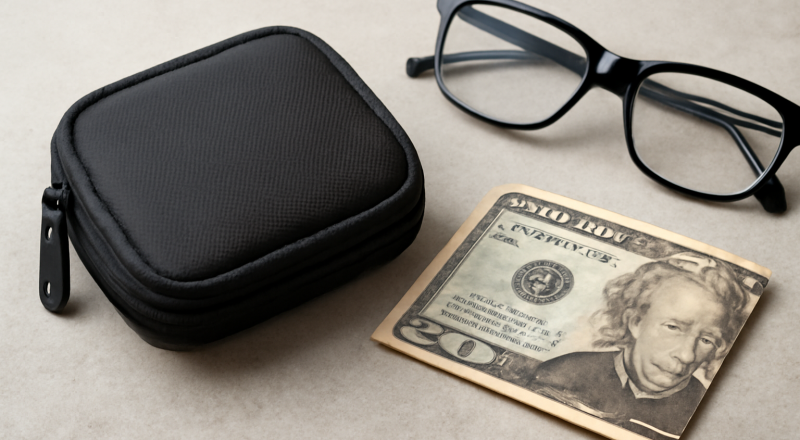sac compact posé près d'un billet et lunette