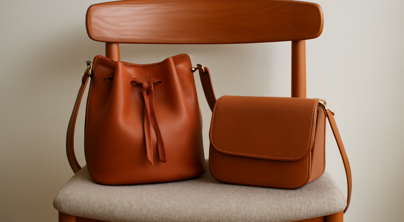 sacs seau et bandoulière posés sur une chaise